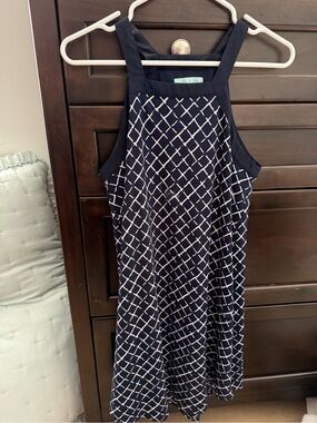 She + Sky Navy and White Lattice Midi Halter Dress